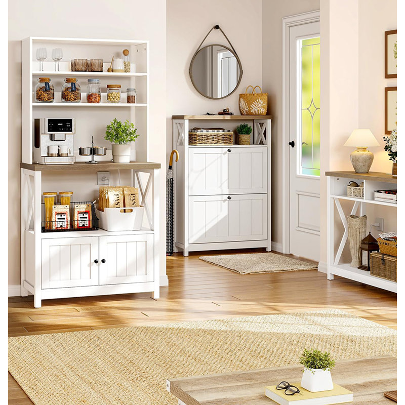 White Cabinet Farmhouse Small Kitchen Pantry Hutch Tall With Door Power Outlet Thickened Counter